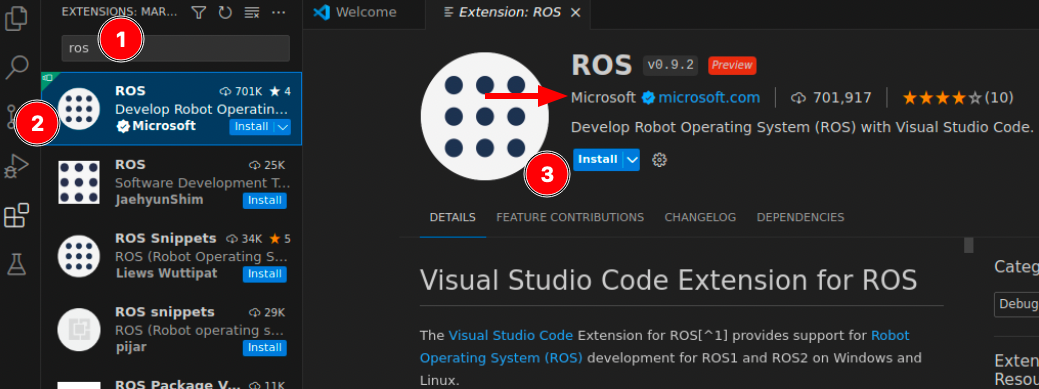 Install ROS extension